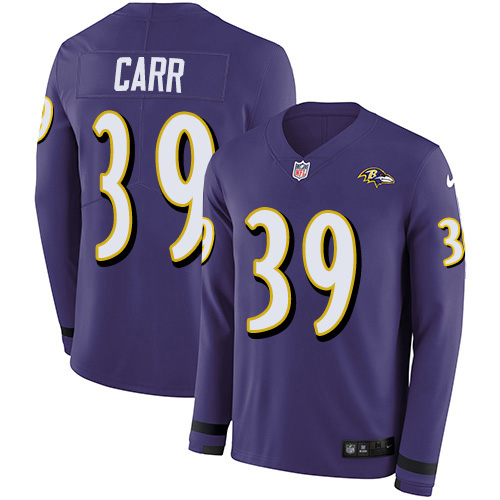 Personalized Ravens #39 Brandon Carr Purple Team Color Men’s Stitched NFL Limited Therma Long Sleeve Jersey