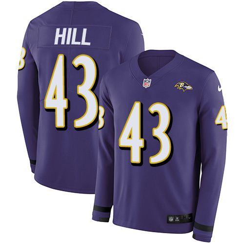 Personalized Ravens #43 Justice Hill Purple Team Color Men’s Stitched NFL Limited Therma Long Sleeve Jersey