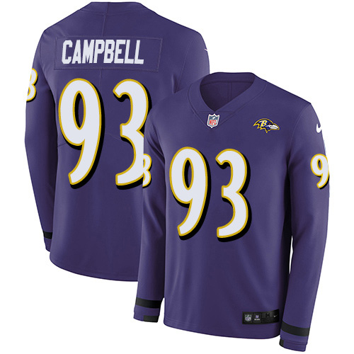 Personalized Ravens #93 Calais Campbell Purple Team Color Men’s Stitched NFL Limited Therma Long Sleeve Jersey