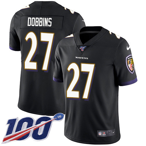 Personalized Ravens #27 J.K. Dobbins Black Alternate Men’s Stitched NFL 100th Season Untouchable Limited Jersey