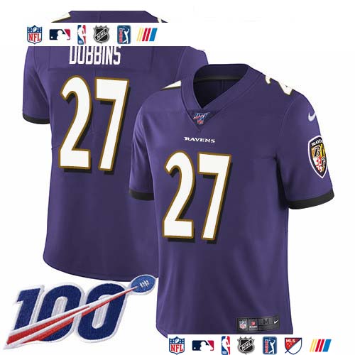 Personalized Ravens #27 J.K. Dobbins Purple Team Color Men’s Stitched NFL 100th Season Untouchable Limited Jersey