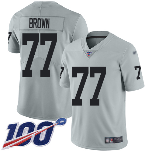 Personalized Raiders #77 Trent Brown Silver Men’s Stitched NFL Limited Inverted Legend 100th Season Jersey