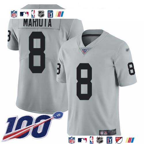Personalized Raiders #8 Marcus Mariota Silver Men’s Stitched NFL Limited Inverted Legend 100th Season Jersey
