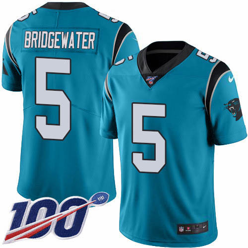 Personalized Panthers #5 Teddy Bridgewater Blue Men’s Stitched NFL Limited Rush 100th Season Jersey