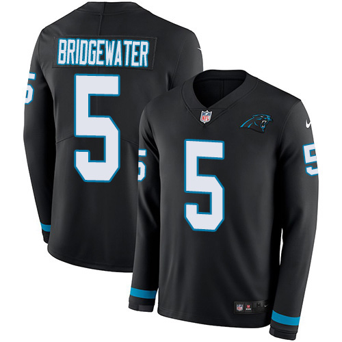 Personalized Panthers #5 Teddy Bridgewater Black Team Color Men’s Stitched NFL Limited Therma Long Sleeve Jersey