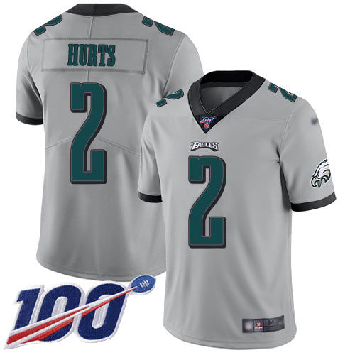 Personalized Eagles #2 Jalen Hurts Silver Men’s Stitched NFL Limited Inverted Legend 100th Season Jersey