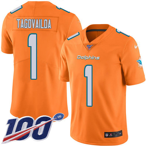 Personalized Dolphins #1 Tua Tagovailoa Orange Men’s Stitched NFL Limited Rush 100th Season Jersey