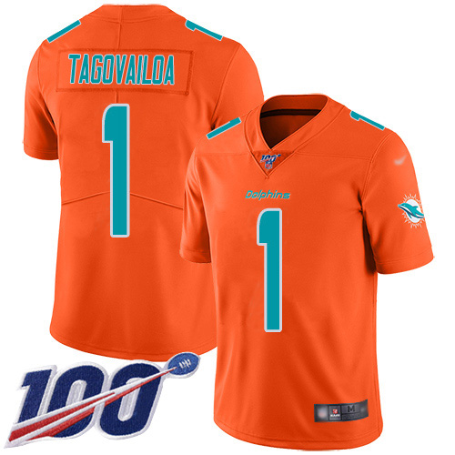 Personalized Dolphins #1 Tua Tagovailoa Orange Men’s Stitched NFL Limited Inverted Legend 100th Season Jersey