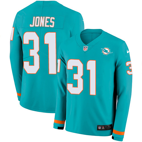 Personalized Dolphins #31 Byron Jones Aqua Green Team Color Men’s Stitched NFL Limited Therma Long Sleeve Jersey