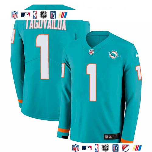 Personalized Dolphins #1 Tua Tagovailoa Aqua Green Team Color Men’s Stitched NFL Limited Therma Long Sleeve Jersey