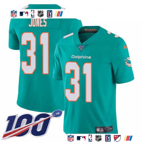 Personalized Dolphins #31 Byron Jones Aqua Green Team Color Men’s Stitched NFL 100th Season Untouchable Limited Jersey