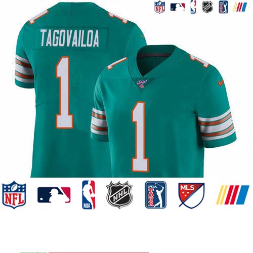 Personalized Dolphins #1 Tua Tagovailoa Aqua Green Alternate Men’s Stitched NFL 100th Season Untouchable Limited Jersey