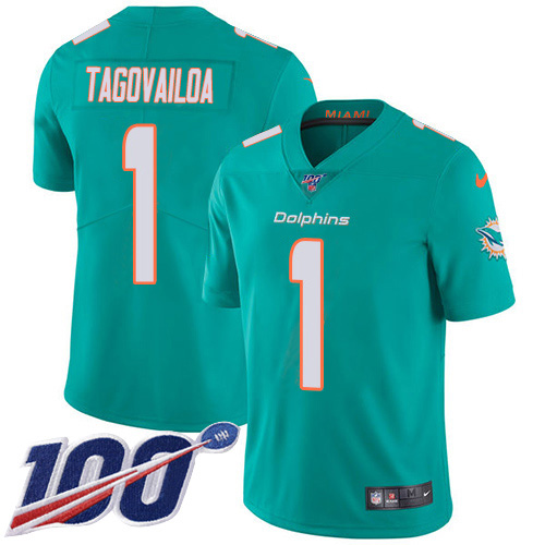 Personalized Dolphins #1 Tua Tagovailoa Aqua Green Team Color Men’s Stitched NFL 100th Season Untouchable Limited Jersey