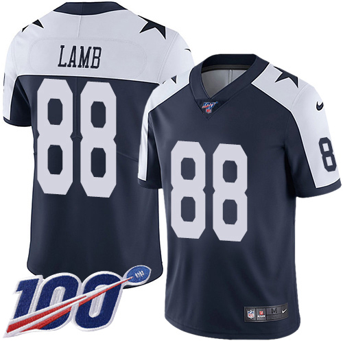 Personalized Cowboys #88 CeeDee Lamb Navy Blue Thanksgiving Men’s Stitched NFL 100th Season Throwback Limited Jersey