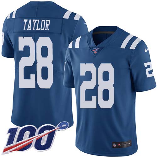 Personalized Colts #28 Jonathan Taylor Royal Blue Men’s Stitched NFL Limited Rush 100th Season Jersey