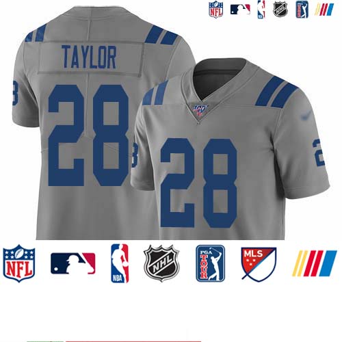 Personalized Colts #28 Jonathan Taylor Gray Men’s Stitched NFL Limited Inverted Legend 100th Season Jersey