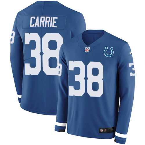 Personalized Colts #38 T.J. Carrie Royal Blue Team Color Men’s Stitched NFL Limited Therma Long Sleeve Jersey