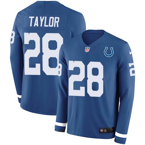 Personalized Colts #28 Jonathan Taylor Royal Blue Team Color Men’s Stitched NFL Limited Therma Long Sleeve Jersey