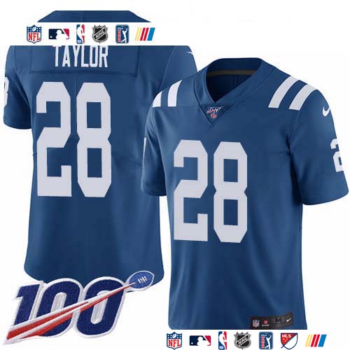 Personalized Colts #28 Jonathan Taylor Royal Blue Team Color Men’s Stitched NFL 100th Season Untouchable Limited Jersey