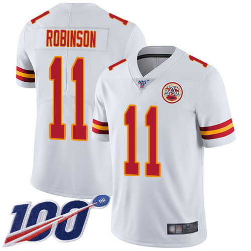 Personalized Chiefs #11 Demarcus Robinson White Men’s Stitched NFL 100th Season Limited Jersey