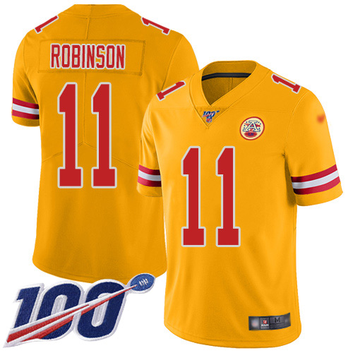 Personalized Chiefs #11 Demarcus Robinson Gold Men’s Stitched NFL Limited Inverted Legend 100th Season Jersey