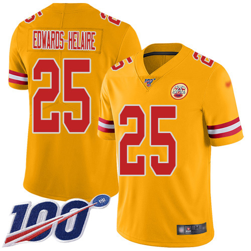 Personalized Chiefs #25 Clyde Edwards-Helaire Gold Men’s Stitched NFL Limited Inverted Legend 100th Season Jersey