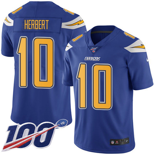 Personalized Chargers #10 Justin Herbert Electric Blue Men’s Stitched NFL Limited Rush 100th Season Jersey