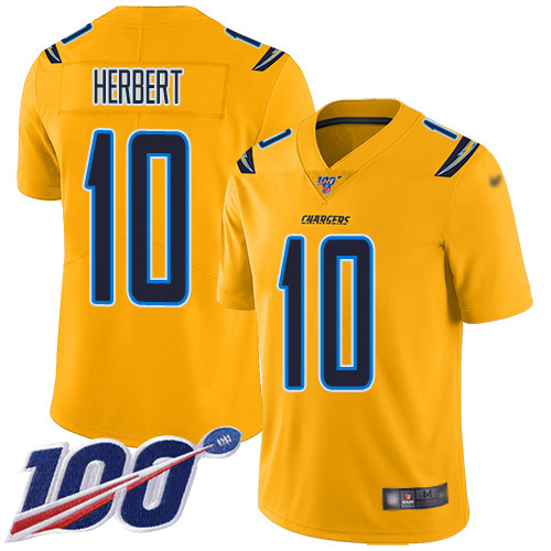 Personalized Chargers #10 Justin Herbert Gold Men’s Stitched NFL Limited Inverted Legend 100th Season Jersey