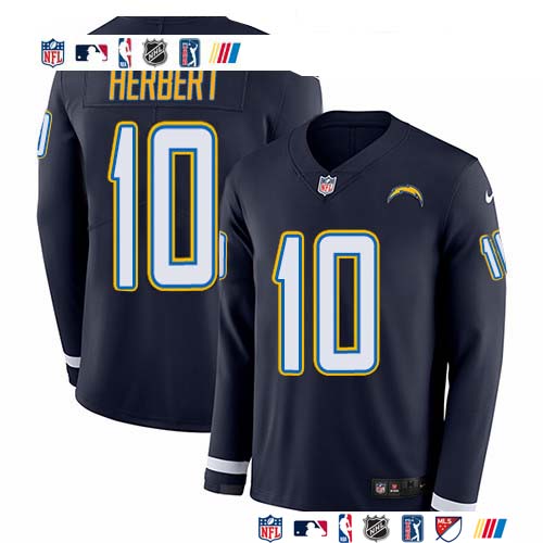 Personalized Chargers #10 Justin Herbert Navy Blue Team Color Men’s Stitched NFL Limited Therma Long Sleeve Jersey