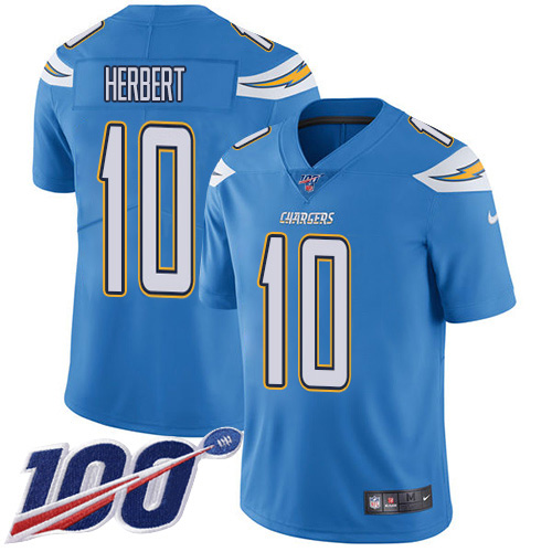 Personalized Chargers #10 Justin Herbert Electric Blue Alternate Men’s Stitched NFL 100th Season Untouchable Limited Jersey