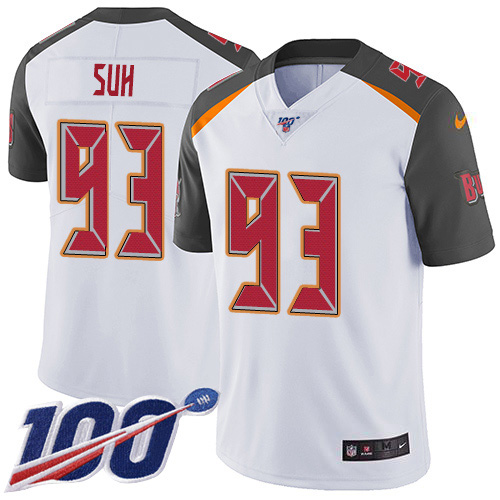 Personalized Buccaneers #93 Ndamukong Suh White Men’s Stitched NFL 100th Season Untouchable Limited Jersey