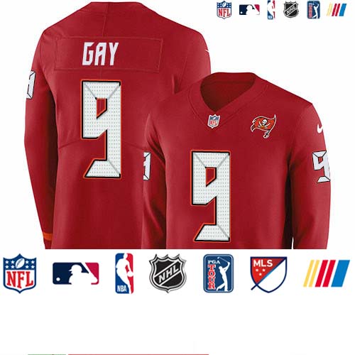 Personalized Buccaneers #9 Matt Gay Red Team Color Men’s Stitched NFL Limited Therma Long Sleeve Jersey