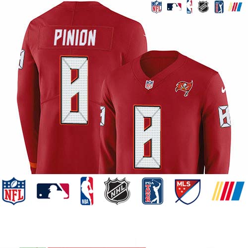Personalized Buccaneers #8 Bradley Pinion Red Team Color Men’s Stitched NFL Limited Therma Long Sleeve Jersey