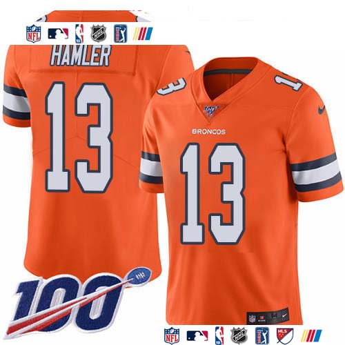 Personalized Broncos #13 KJ Hamler Orange Men’s Stitched NFL Limited Rush 100th Season Jersey