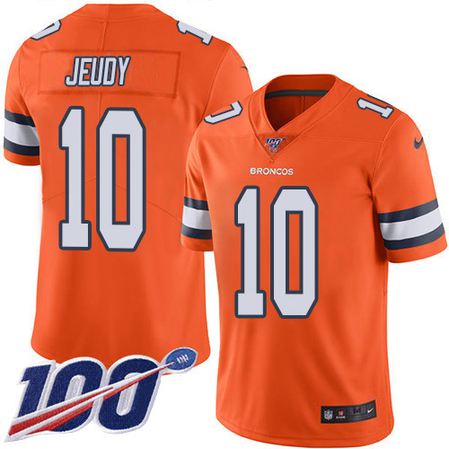 Personalized Broncos #10 Jerry Jeudy Orange Men’s Stitched NFL Limited Rush 100th Season Jersey