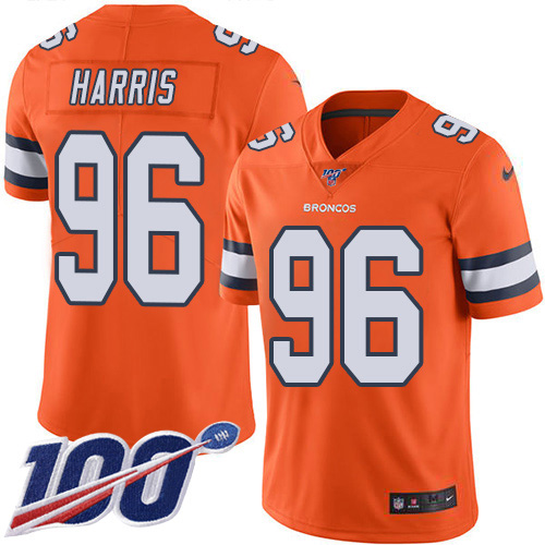 Personalized Broncos #96 Shelby Harris Orange Men’s Stitched NFL Limited Rush 100th Season Jersey