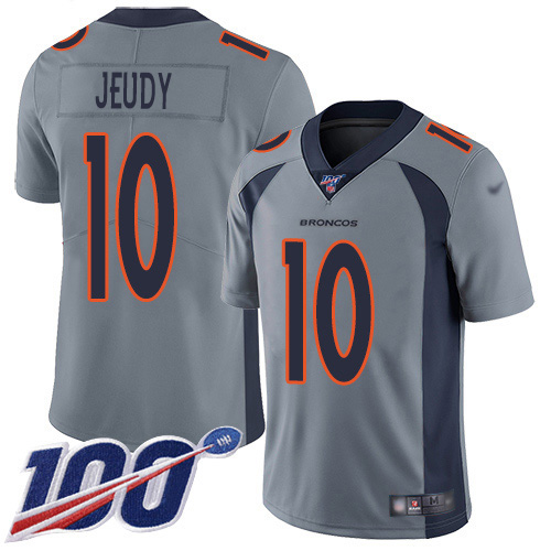 Personalized Broncos #10 Jerry Jeudy Gray Men’s Stitched NFL Limited Inverted Legend 100th Season Jersey