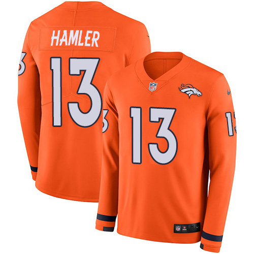 Personalized Broncos #13 KJ Hamler Orange Team Color Men’s Stitched NFL Limited Therma Long Sleeve Jersey