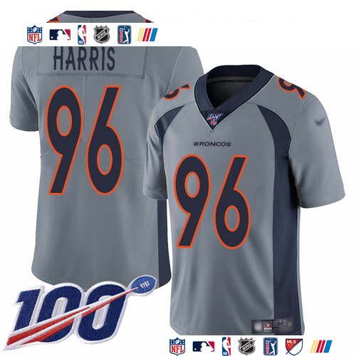 Personalized Broncos #96 Shelby Harris Gray Men’s Stitched NFL Limited Inverted Legend 100th Season Jersey