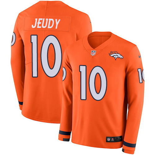 Personalized Broncos #10 Jerry Jeudy Orange Team Color Men’s Stitched NFL Limited Therma Long Sleeve Jersey