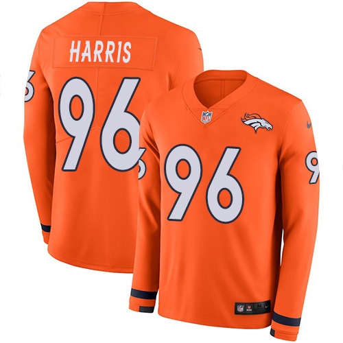 Personalized Broncos #96 Shelby Harris Orange Team Color Men’s Stitched NFL Limited Therma Long Sleeve Jersey
