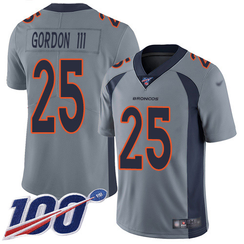 Personalized Broncos #25 Melvin Gordon III Gray Men’s Stitched NFL Limited Inverted Legend 100th Season Jersey