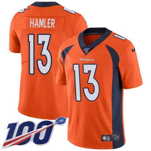 Personalized Broncos #13 KJ Hamler Orange Team Color Men’s Stitched NFL 100th Season Untouchable Limited Jersey