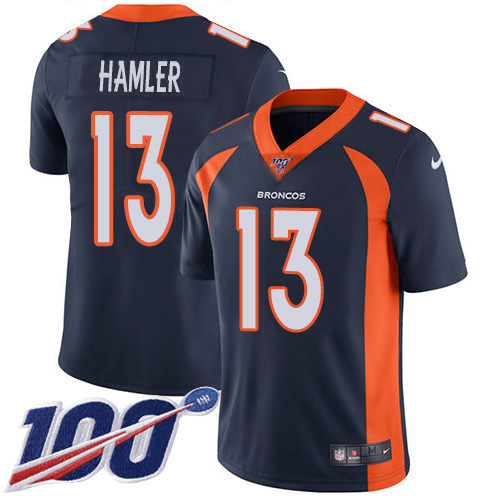 Personalized Broncos #13 KJ Hamler Navy Blue Alternate Men’s Stitched NFL 100th Season Untouchable Limited Jersey