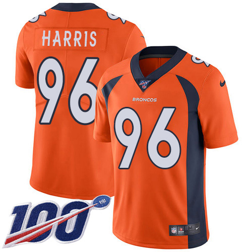 Personalized Broncos #96 Shelby Harris Orange Team Color Men’s Stitched NFL 100th Season Untouchable Limited Jersey