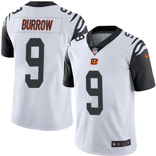 Personalized Bengals #9 Joe Burrow White Men’s Stitched NFL Limited Rush Jersey