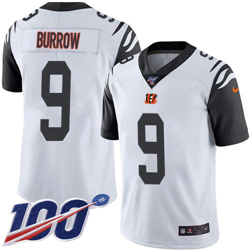 Personalized Bengals #9 Joe Burrow White Men’s Stitched NFL Limited Rush 100th Season Jersey