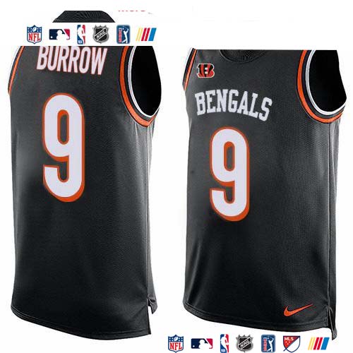 Personalized Bengals #9 Joe Burrow Black Team Color Men’s Stitched NFL Limited Tank Top Jersey