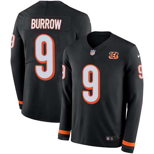Personalized Bengals #9 Joe Burrow Black Team Color Men’s Stitched NFL Limited Therma Long Sleeve Jersey
