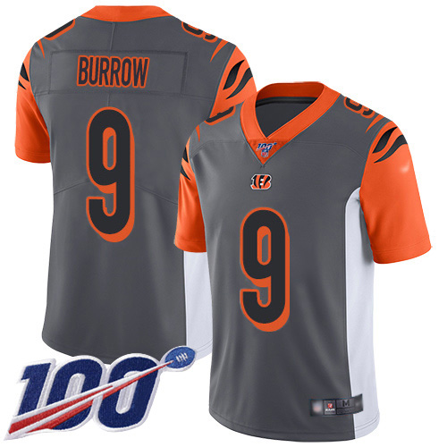 Personalized Bengals #9 Joe Burrow Silver Men’s Stitched NFL Limited Inverted Legend 100th Season Jersey